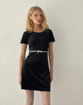 Amanda Mini Dress in Black Velvet with White Trim and Bow