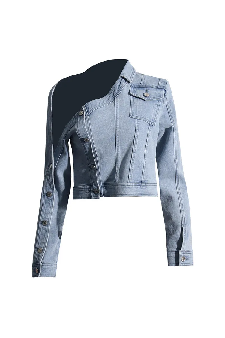 Asymmetrical One Shoulder Button Down Cropped Cutout Denim Jacket