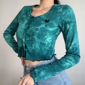 Autumn Tie Dye Print Cropped Shirt Butterfly Embroidery Crop Top Long Sleeve