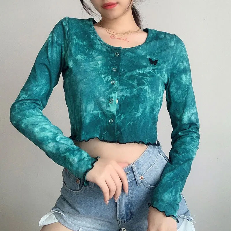 Autumn Tie Dye Print Cropped Shirt Butterfly Embroidery Crop Top Long Sleeve