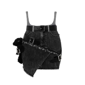 Bear Belt Denim Skirt in Black