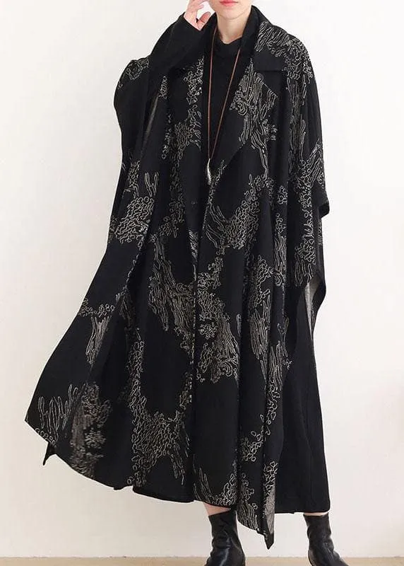 Beautiful Black Print Peter Pan Collar Button Long Trench coats