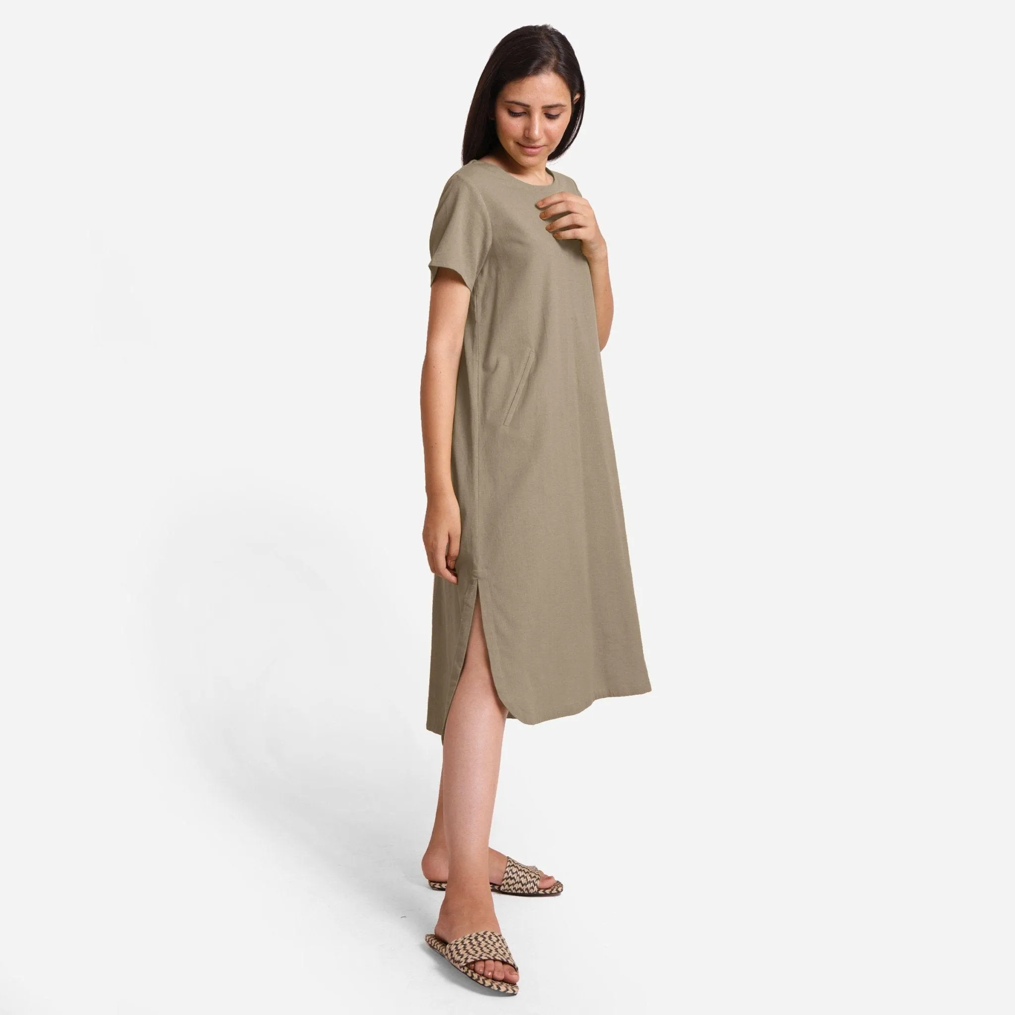 Beige Cotton Flax High-Low Midi Shift Dress