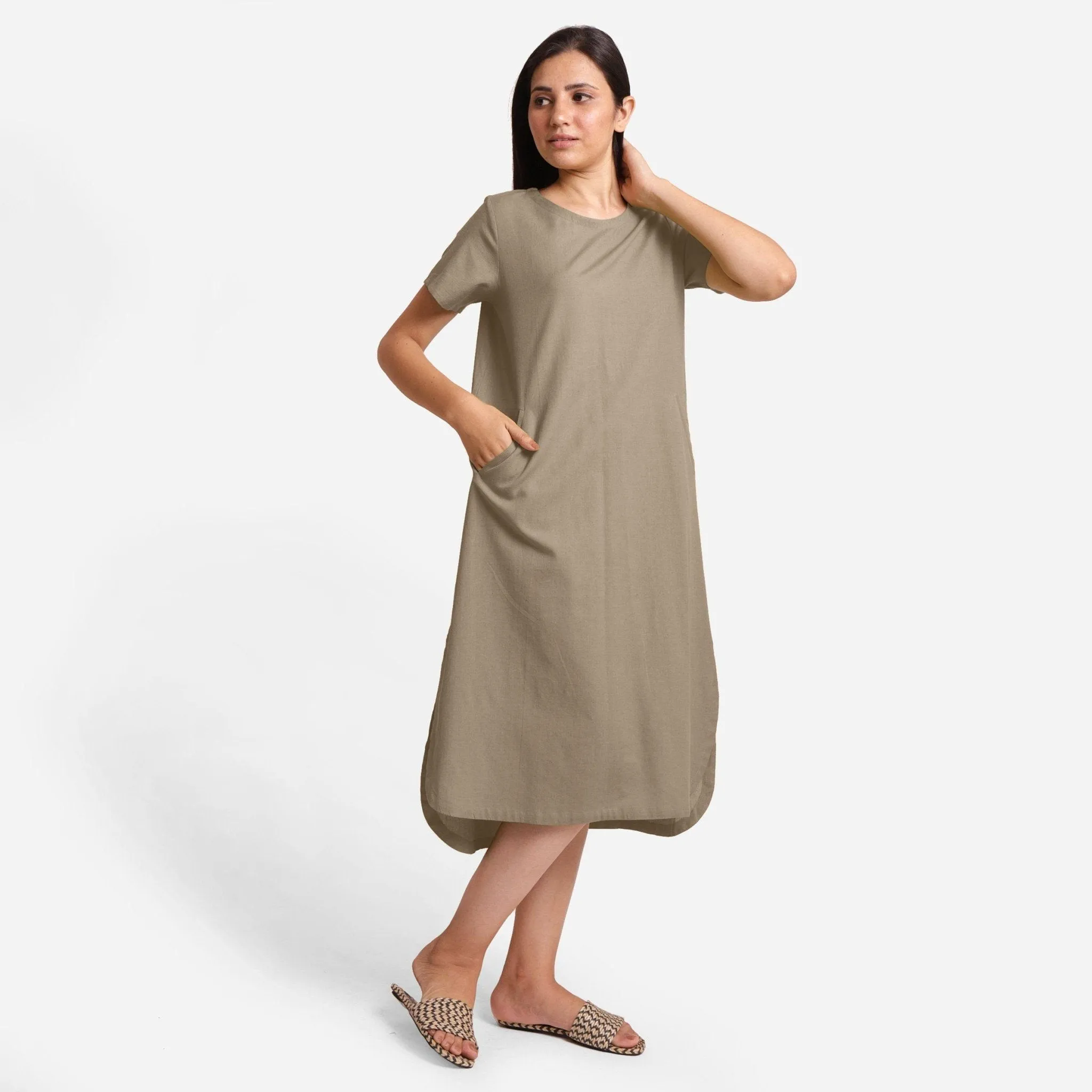 Beige Cotton Flax High-Low Midi Shift Dress