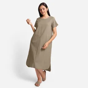 Beige Cotton Flax High-Low Midi Shift Dress