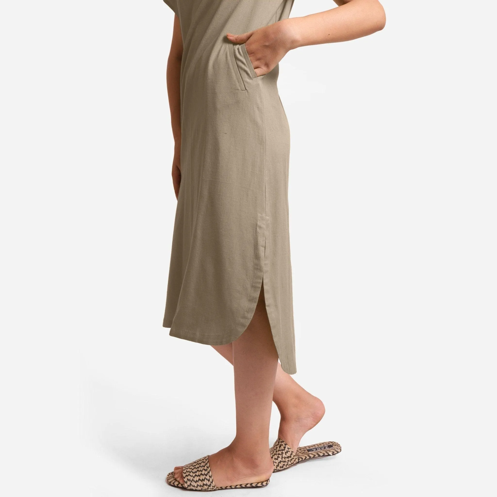 Beige Cotton Flax High-Low Midi Shift Dress