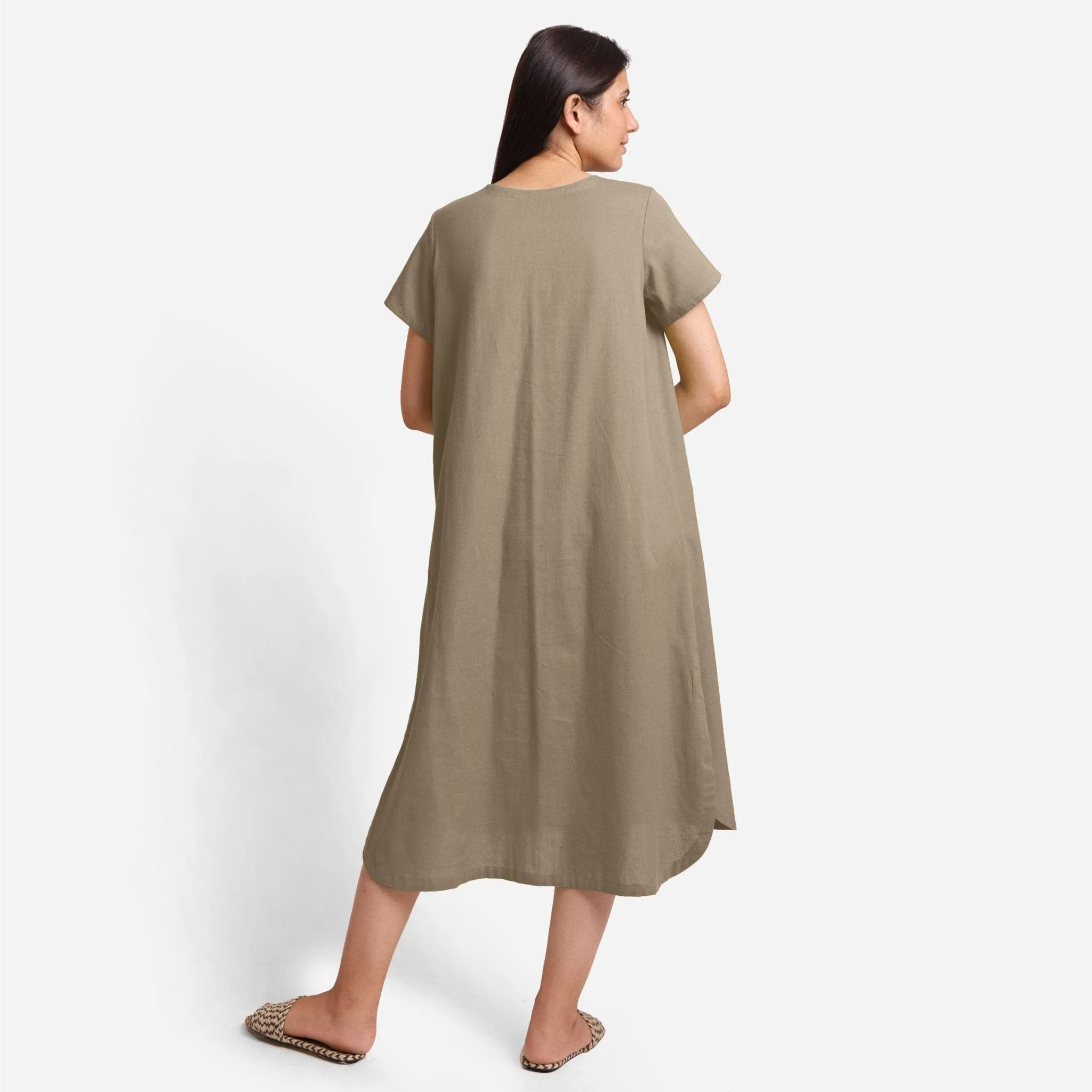 Beige Cotton Flax High-Low Midi Shift Dress