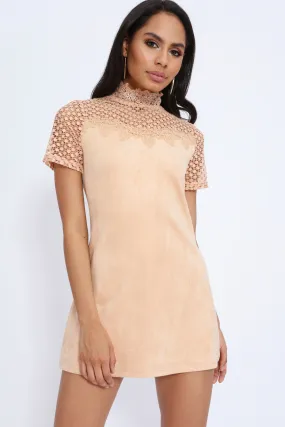 Beige Crochet Trim Suede Effect Shift Dress