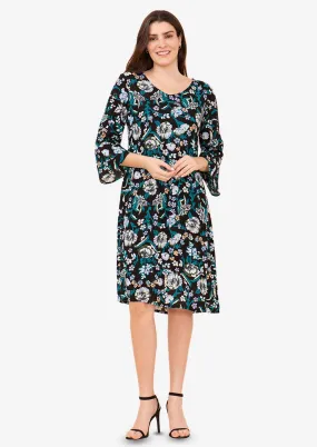 Bell Sleeves Leafy Shift Dress