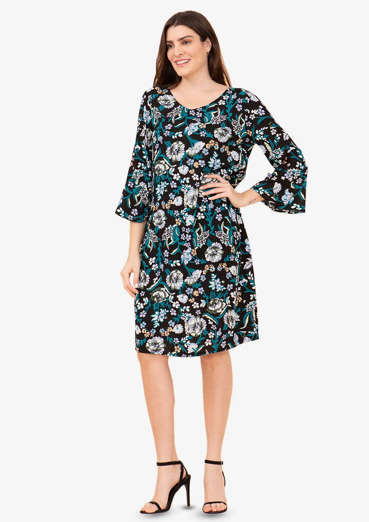 Bell Sleeves Leafy Shift Dress