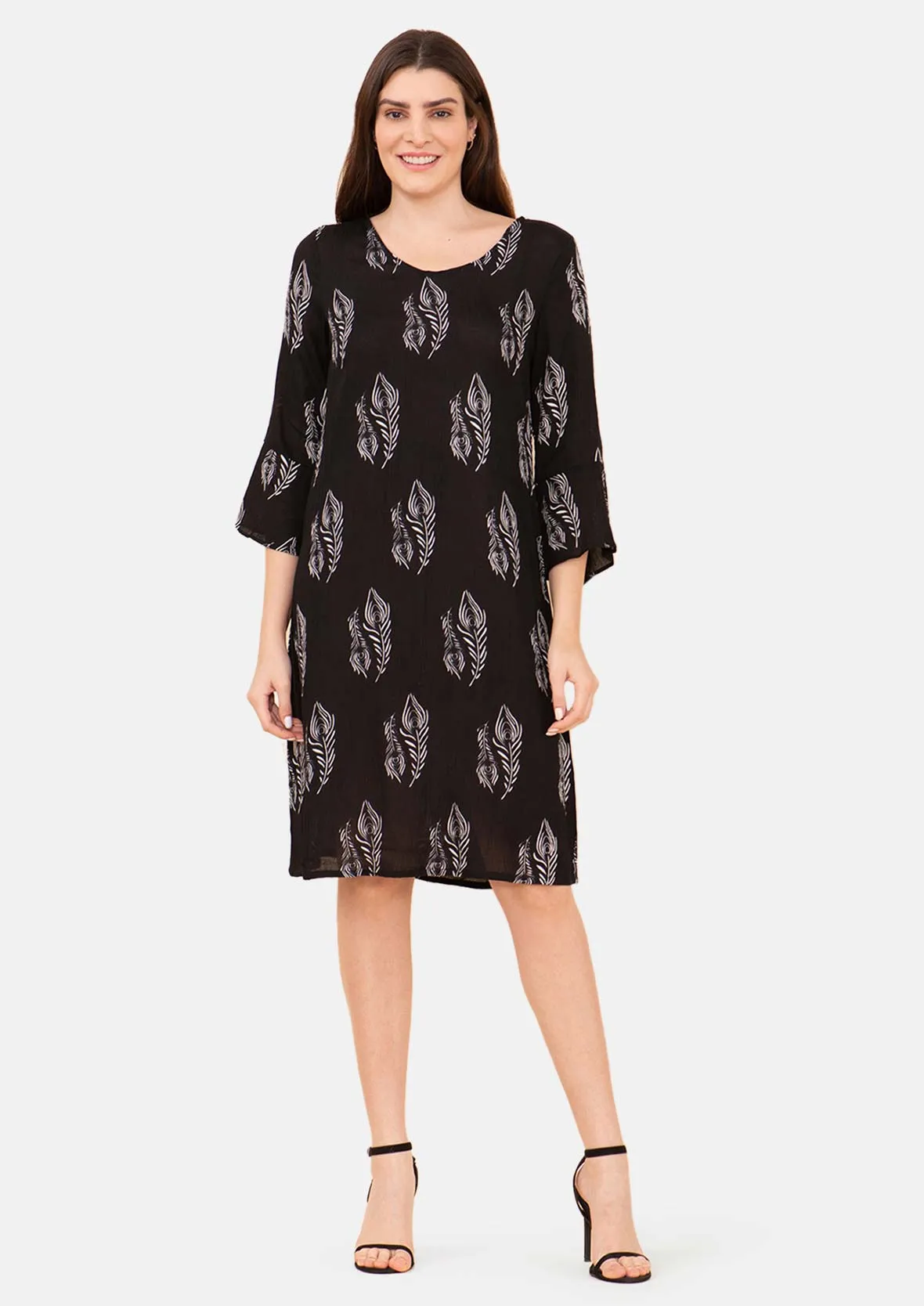 Bell Sleeves Leafy Shift Dress