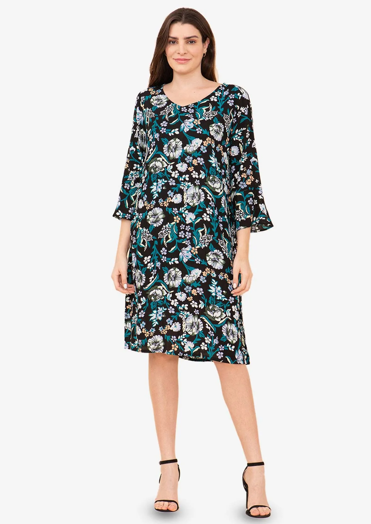 Bell Sleeves Leafy Shift Dress