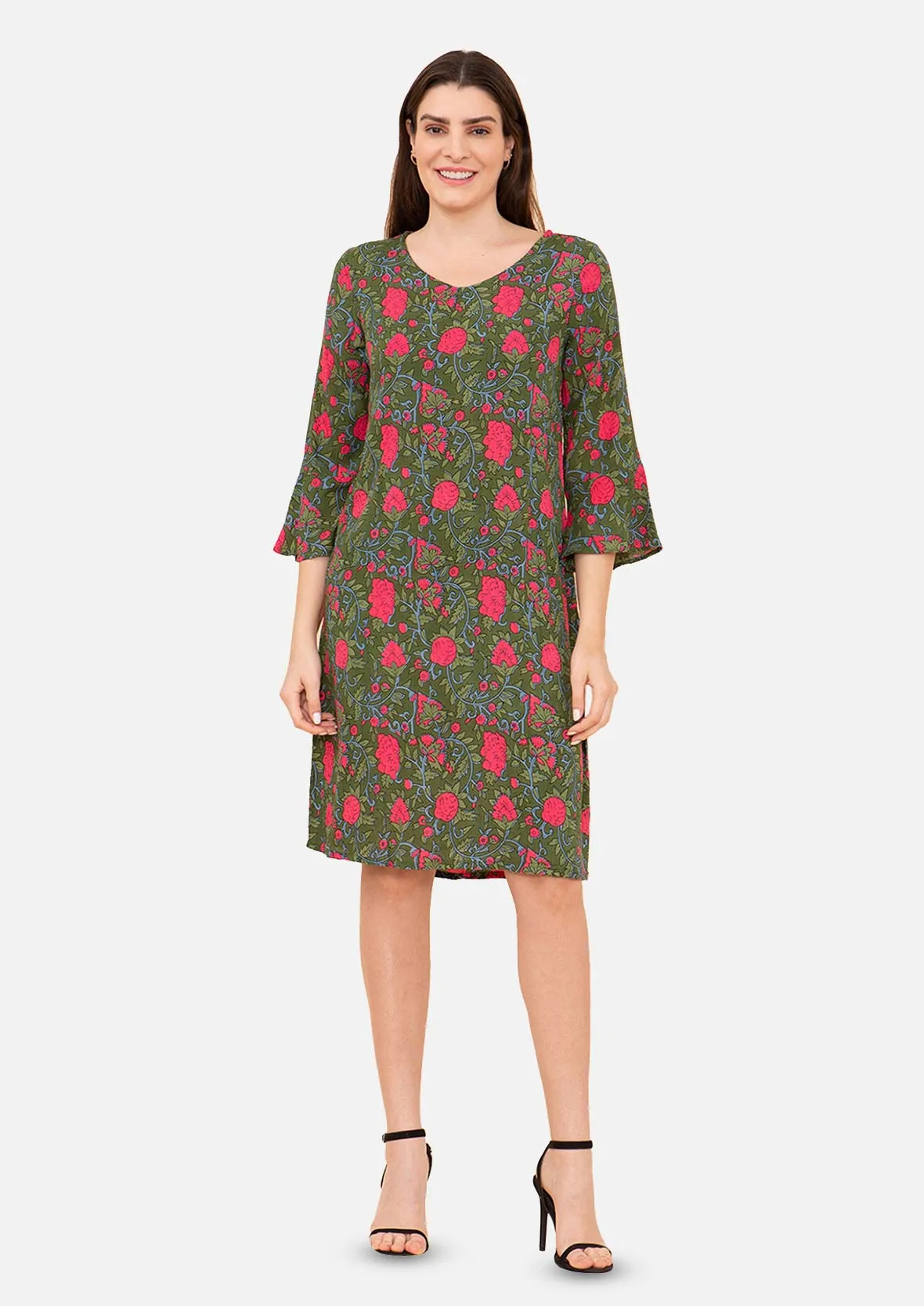 Bell Sleeves Leafy Shift Dress