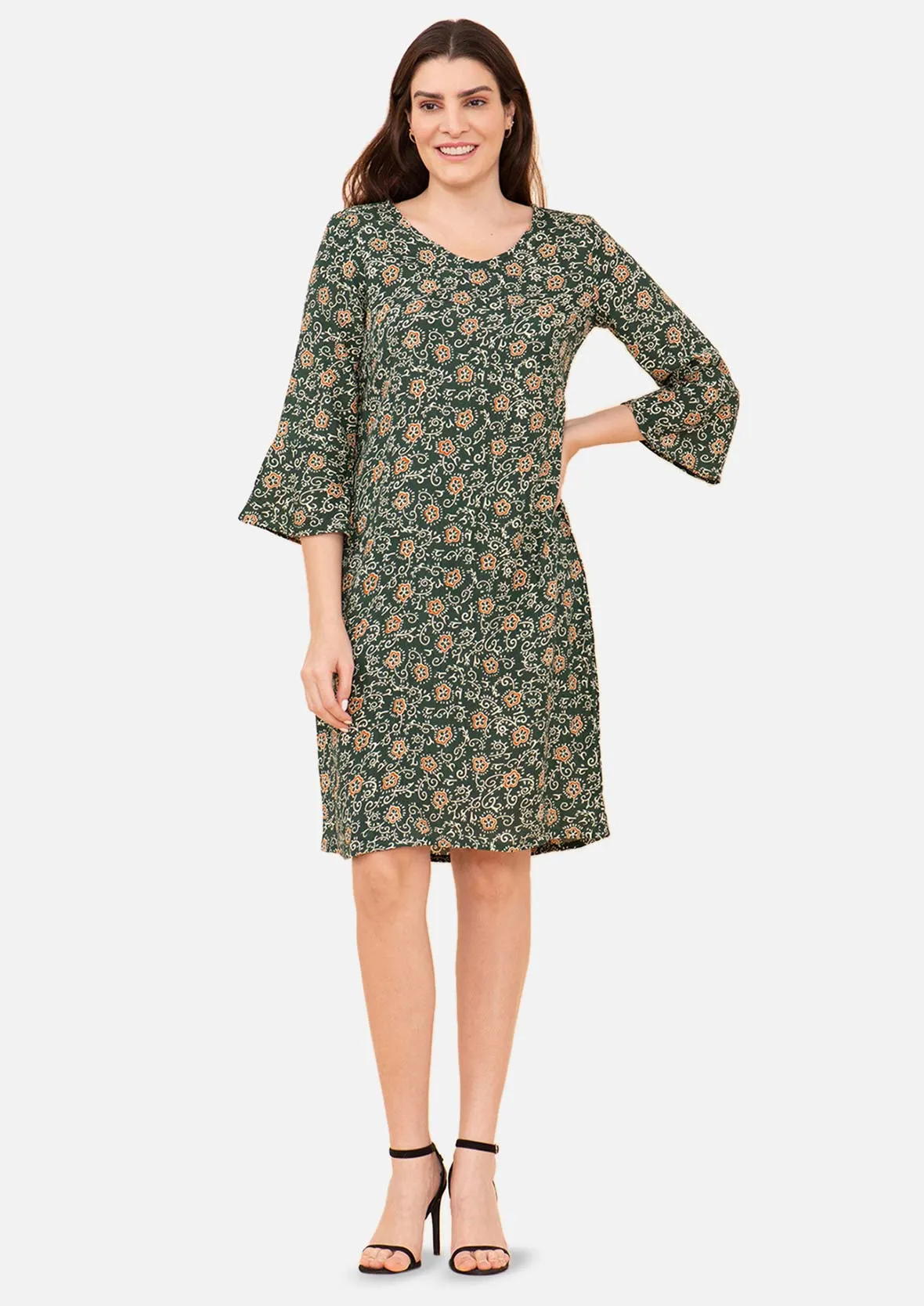 Bell Sleeves Leafy Shift Dress