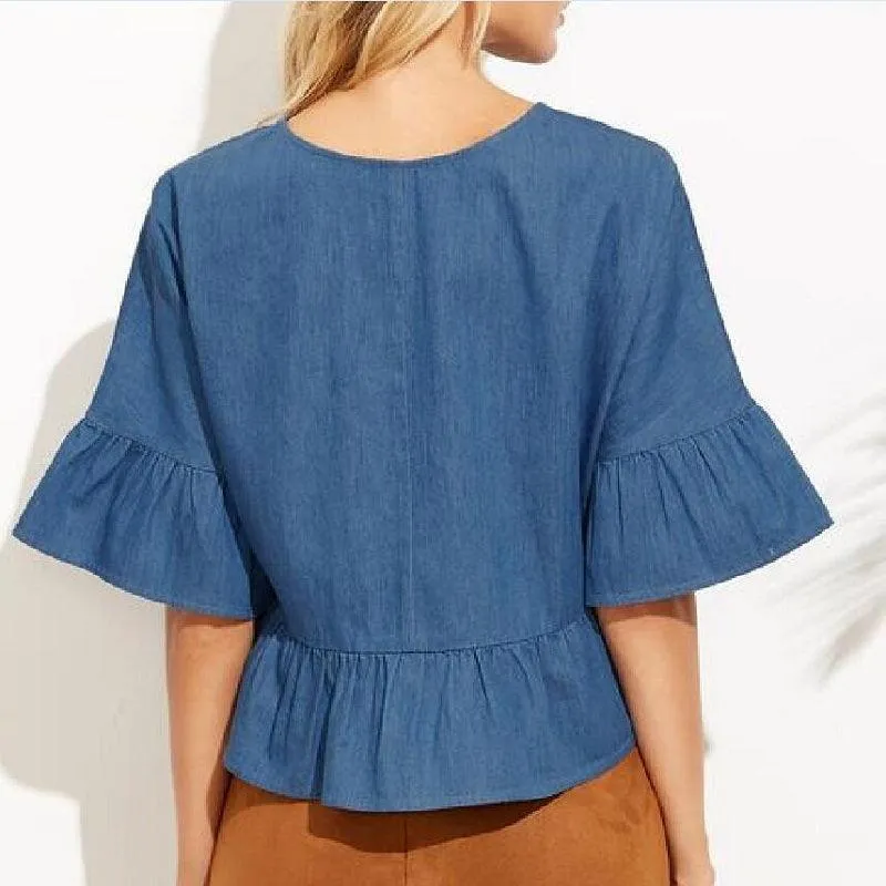 BELLA BUTTERFLY SLEEVE DENIM CROP TOP