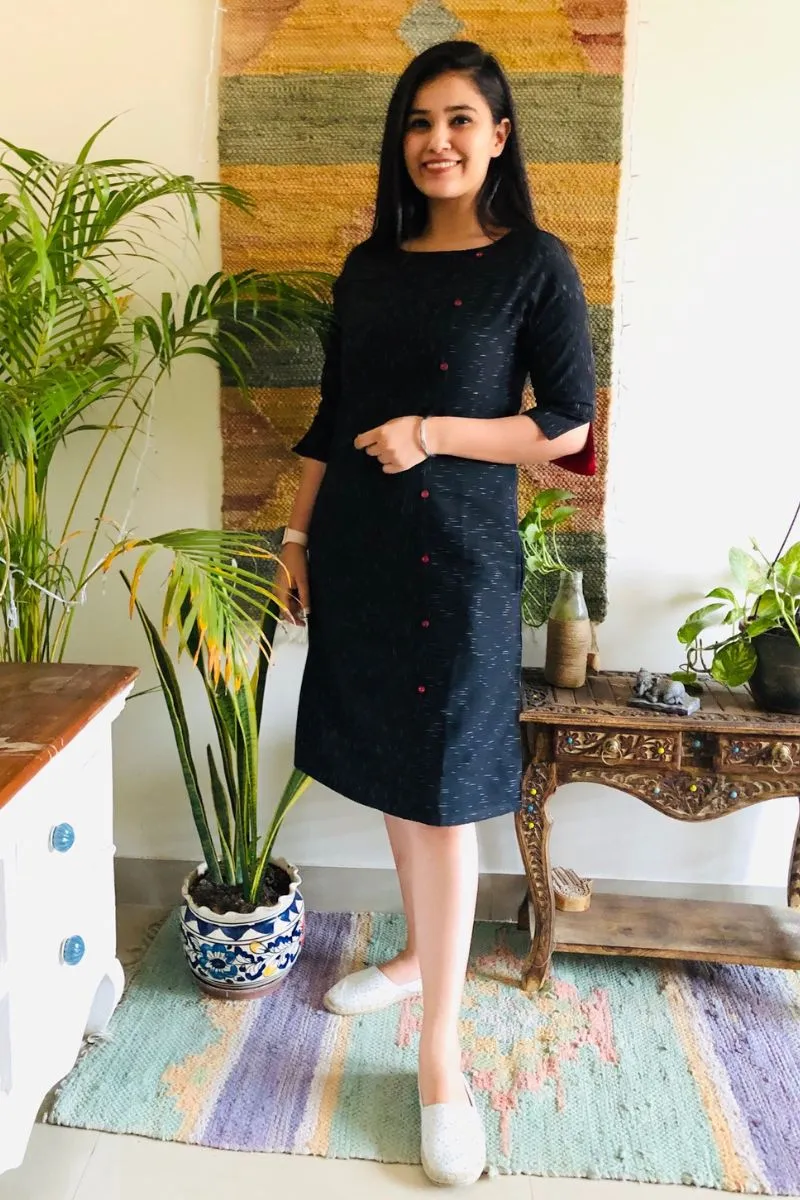 Black Ikat Formal Shift Dress With Pockets