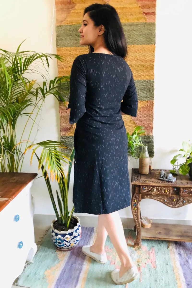 Black Ikat Formal Shift Dress With Pockets