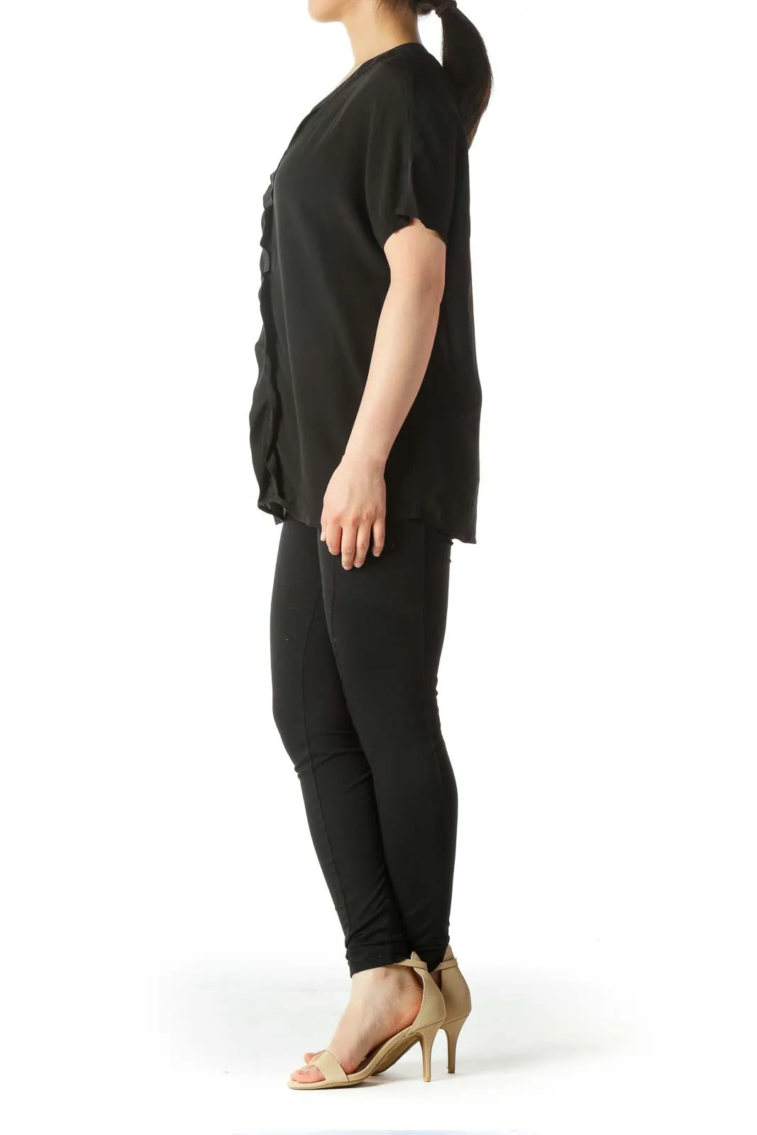 Black V-Neck Short-Sleeve Blouse