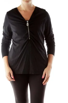 Black Zippered V-neck Blouse