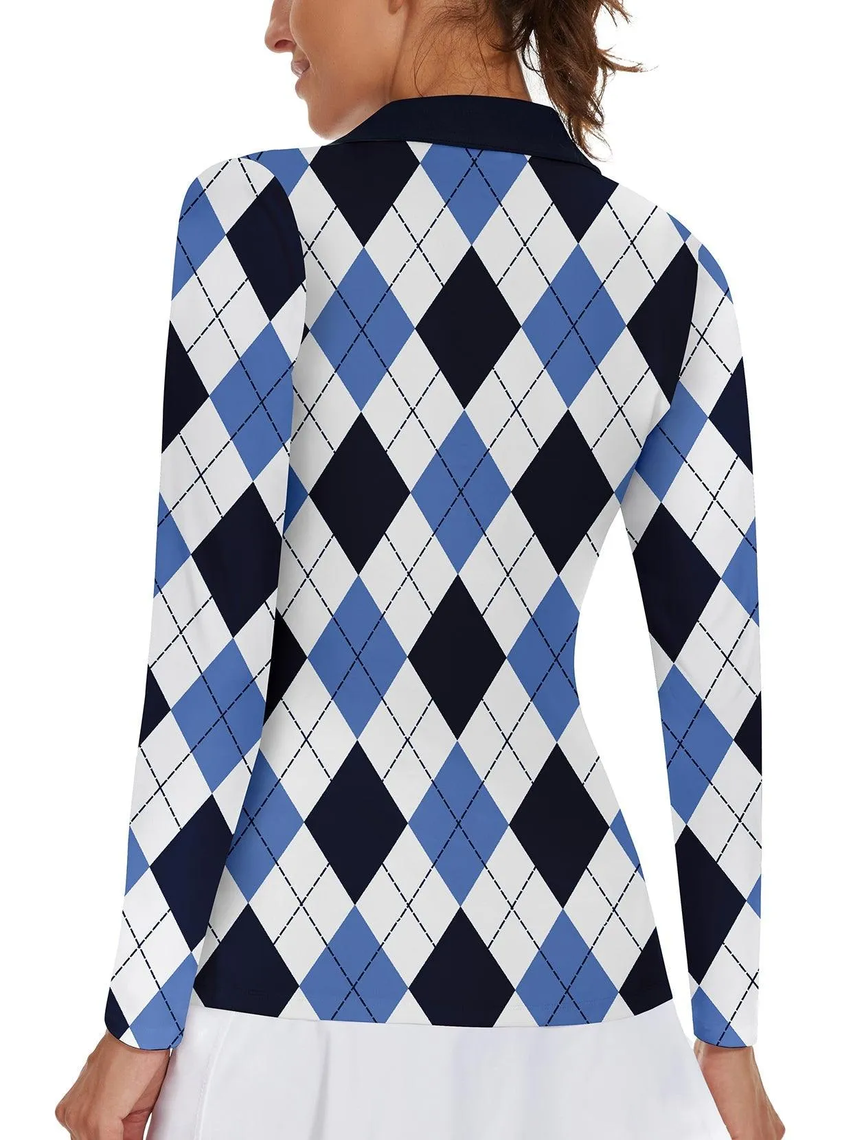 Blue Argyle V-neck Collar Long-sleeve Athletic Tops For Women