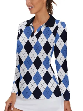 Blue Argyle V-neck Collar Long-sleeve Athletic Tops For Women