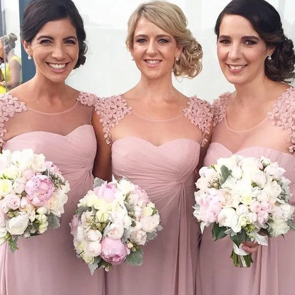 Blush Pink Cap Sleeve Ruched Chiffon Long Bridesmaid Dresses