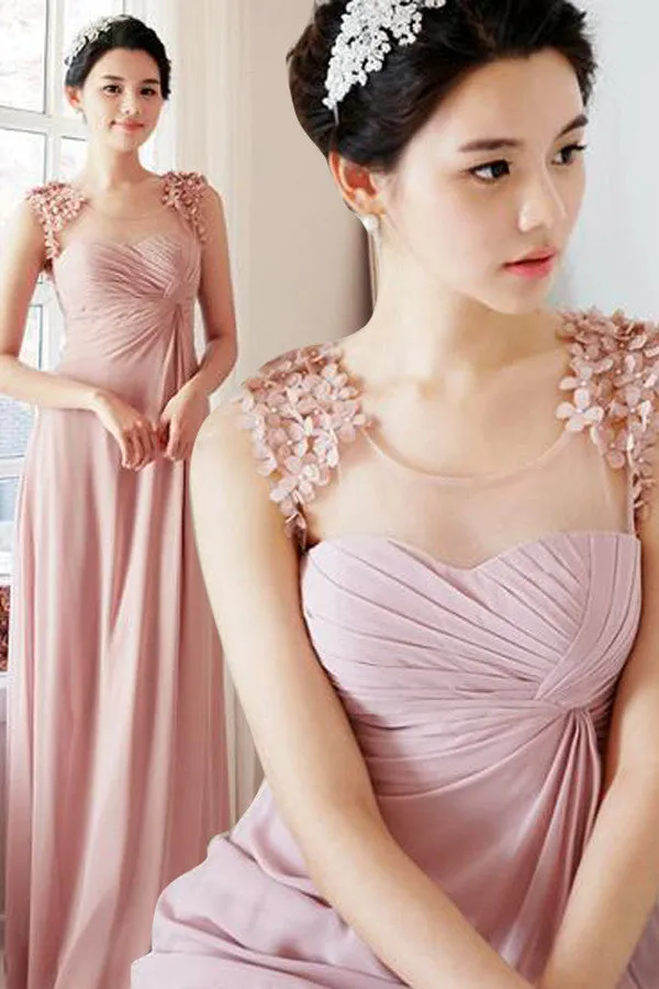 Blush Pink Cap Sleeve Ruched Chiffon Long Bridesmaid Dresses