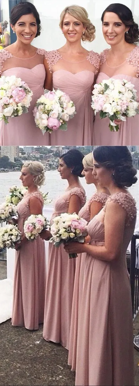 Blush Pink Cap Sleeve Ruched Chiffon Long Bridesmaid Dresses