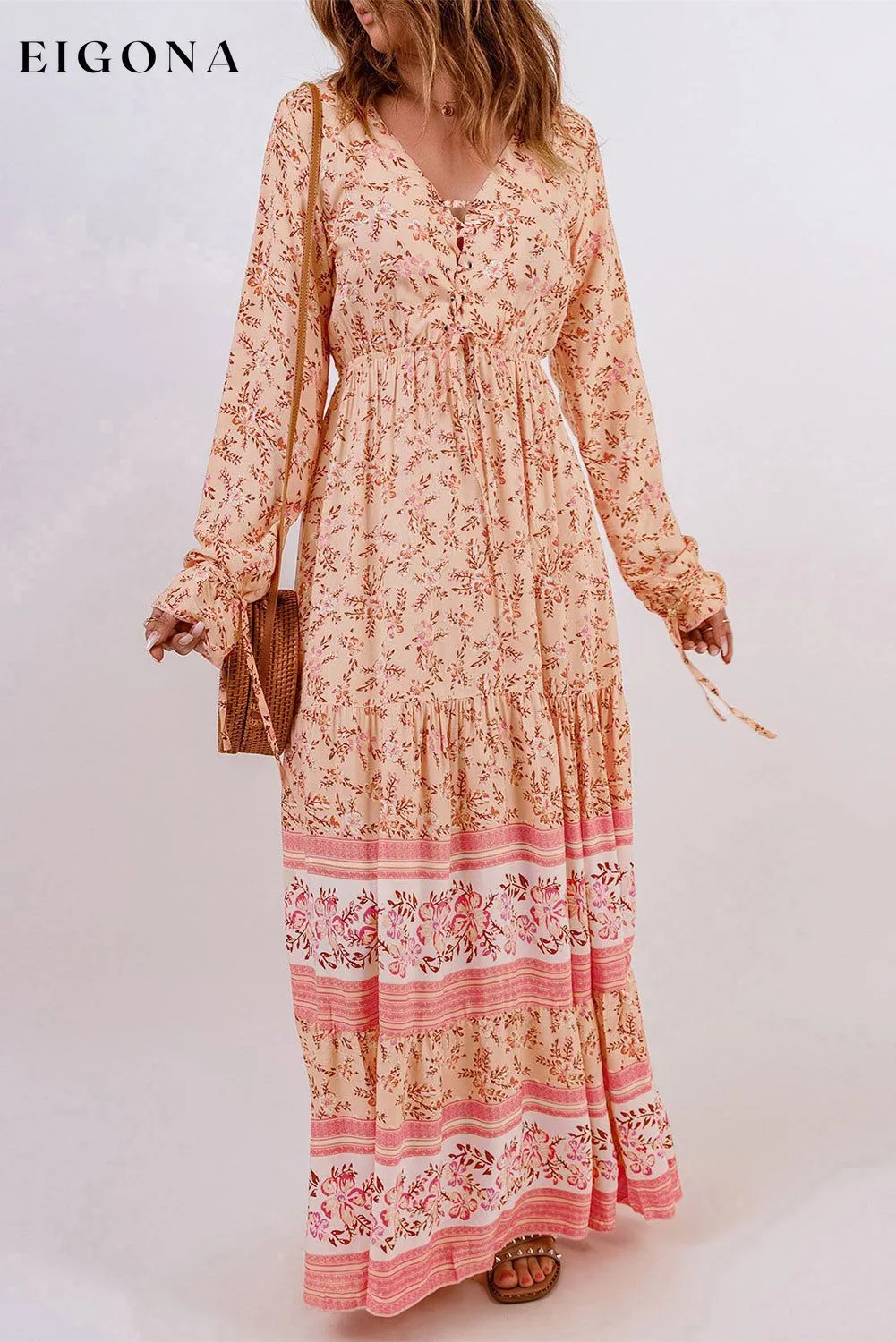 Bohemian Lace-Up Long Sleeve Maxi Dress