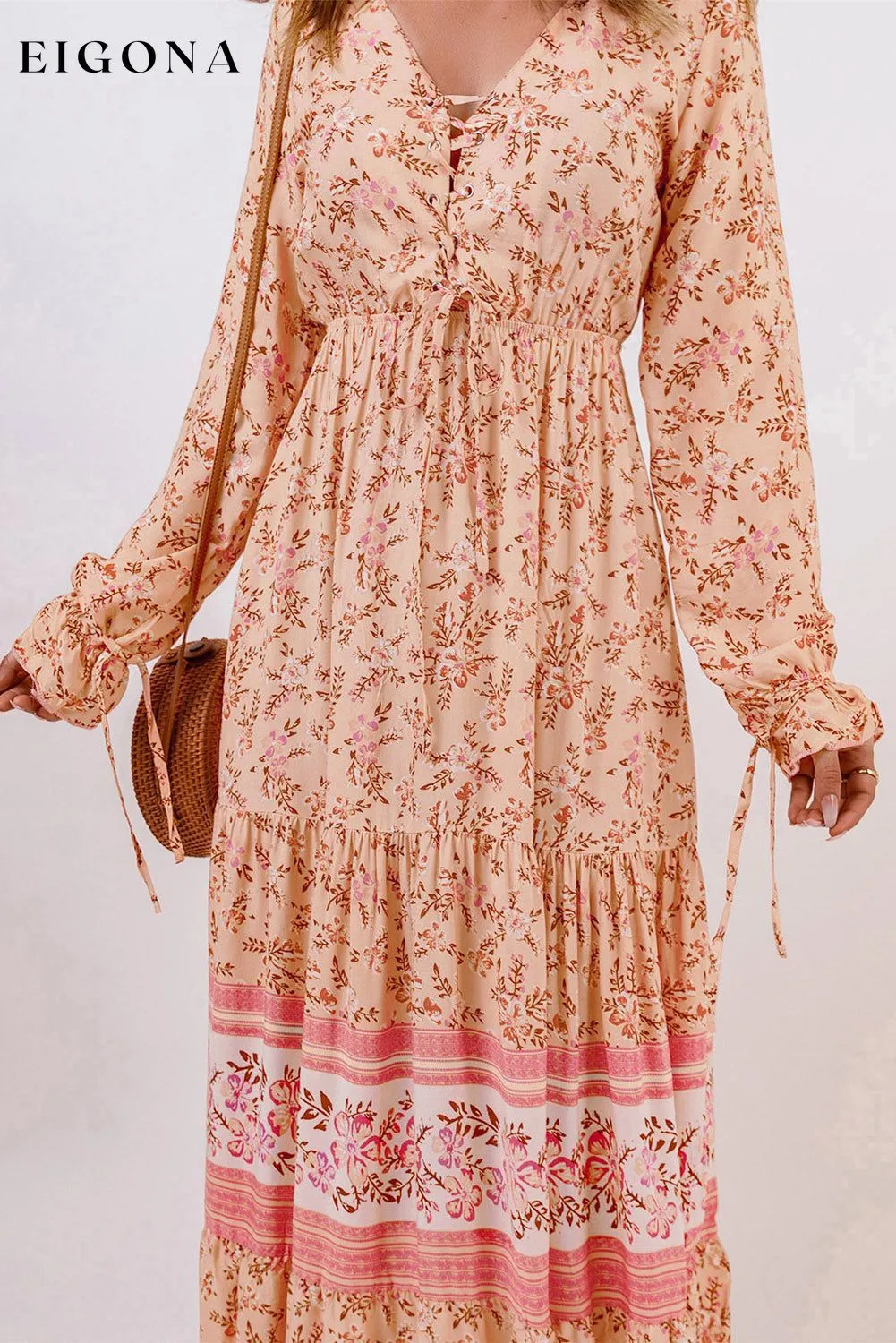 Bohemian Lace-Up Long Sleeve Maxi Dress