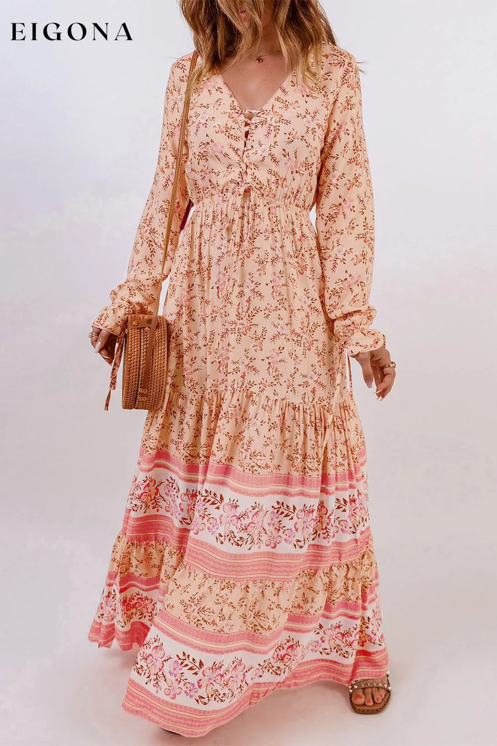 Bohemian Lace-Up Long Sleeve Maxi Dress