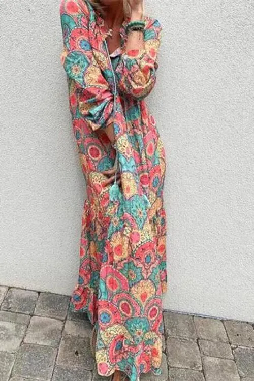 Boho Print Long Sleeve Maxi Dress