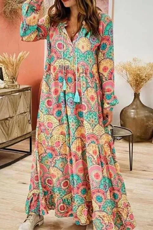 Boho Print Long Sleeve Maxi Dress