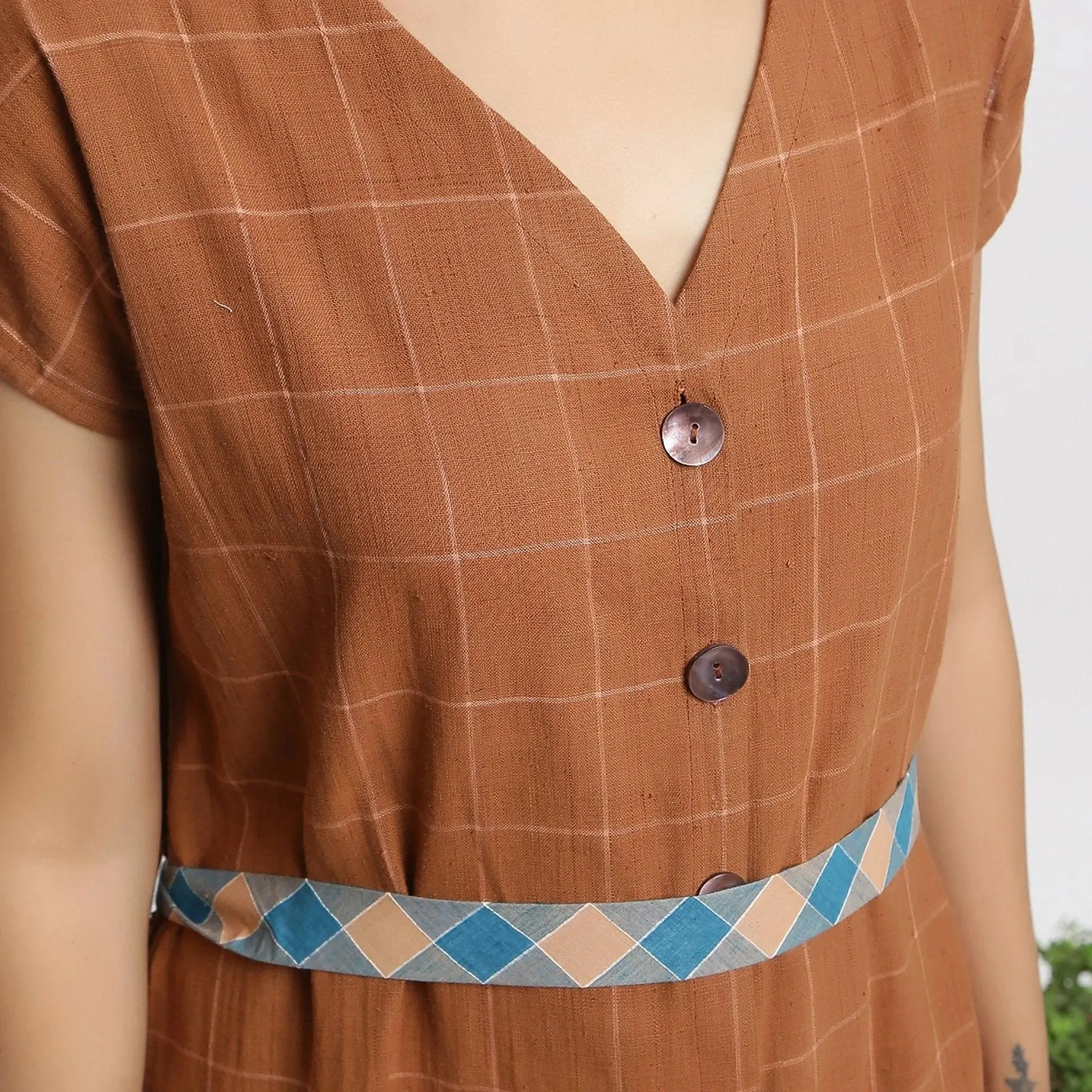 Brown Checks Handspun Cotton Knee Length Shift Dress