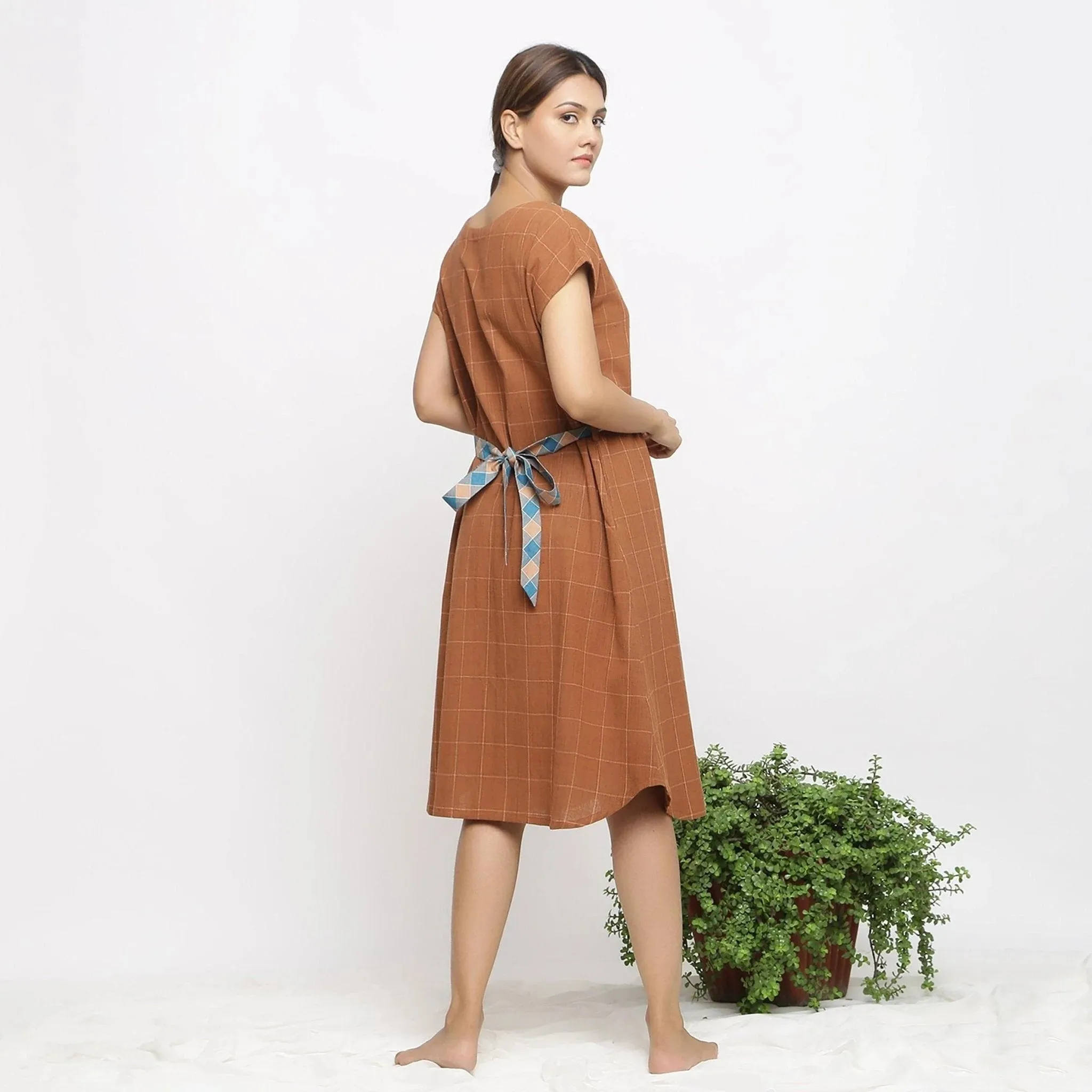 Brown Checks Handspun Cotton Knee Length Shift Dress