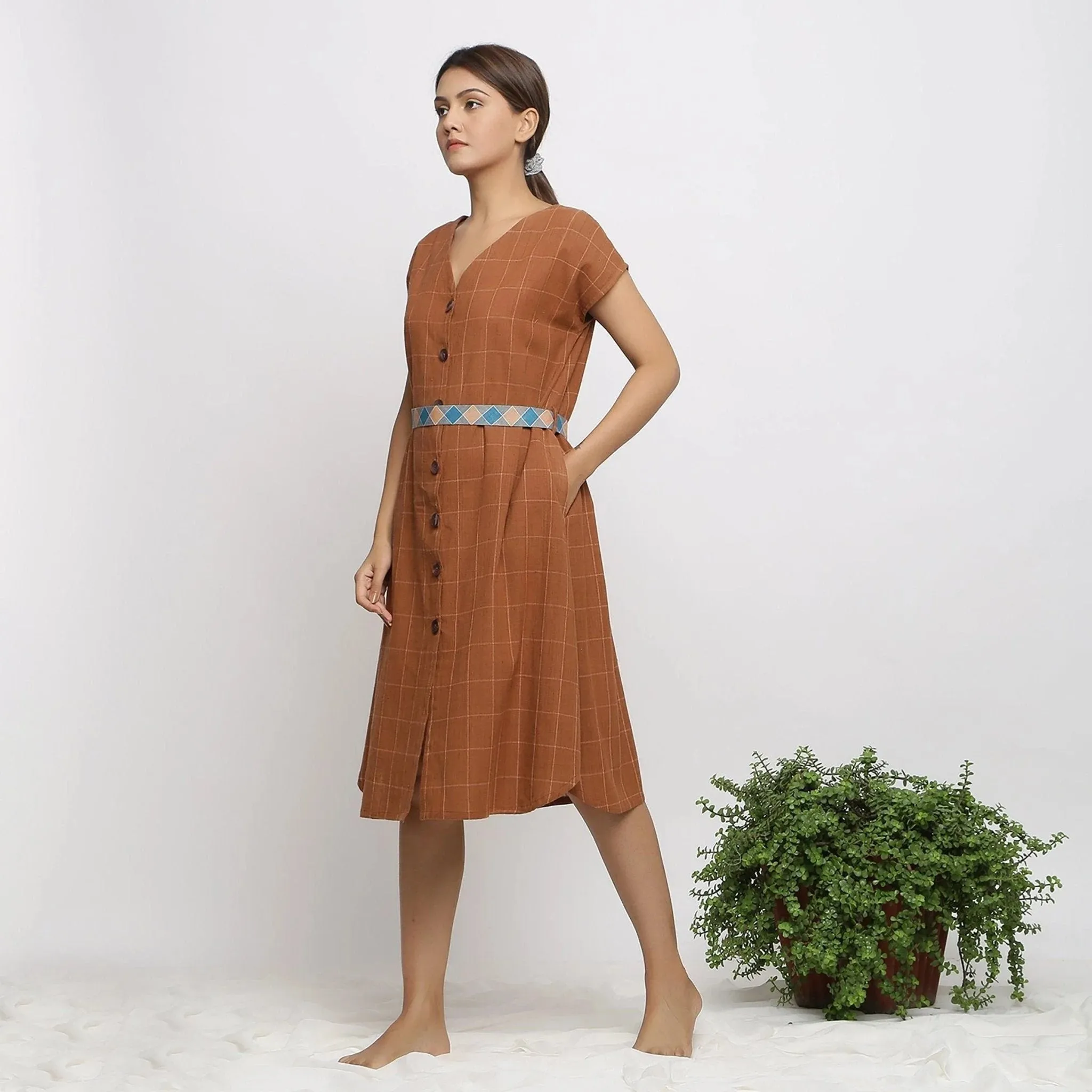 Brown Checks Handspun Cotton Knee Length Shift Dress