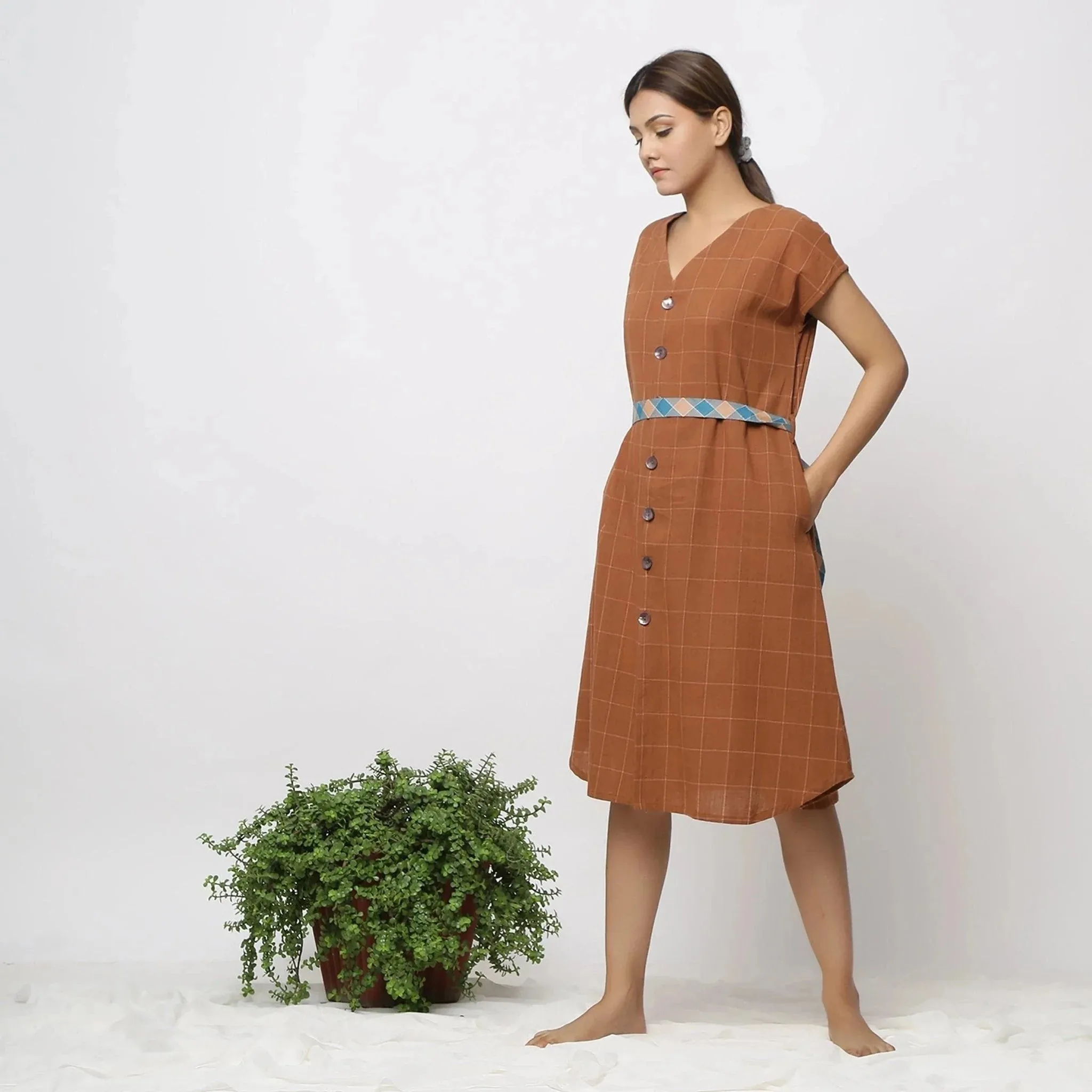 Brown Checks Handspun Cotton Knee Length Shift Dress