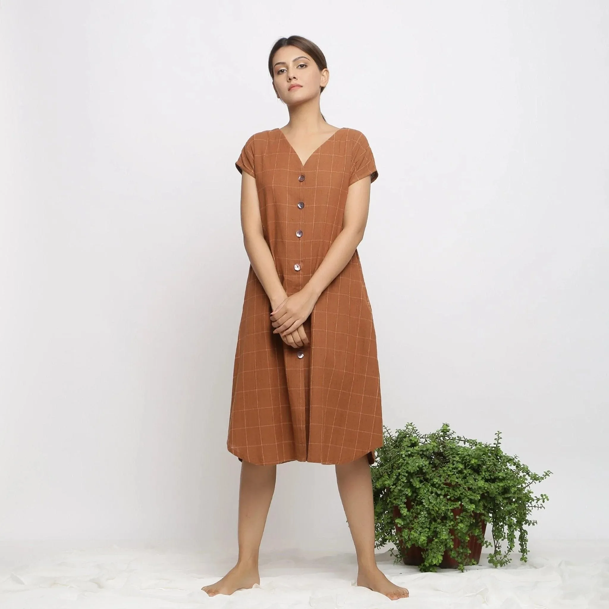 Brown Checks Handspun Cotton Knee Length Shift Dress