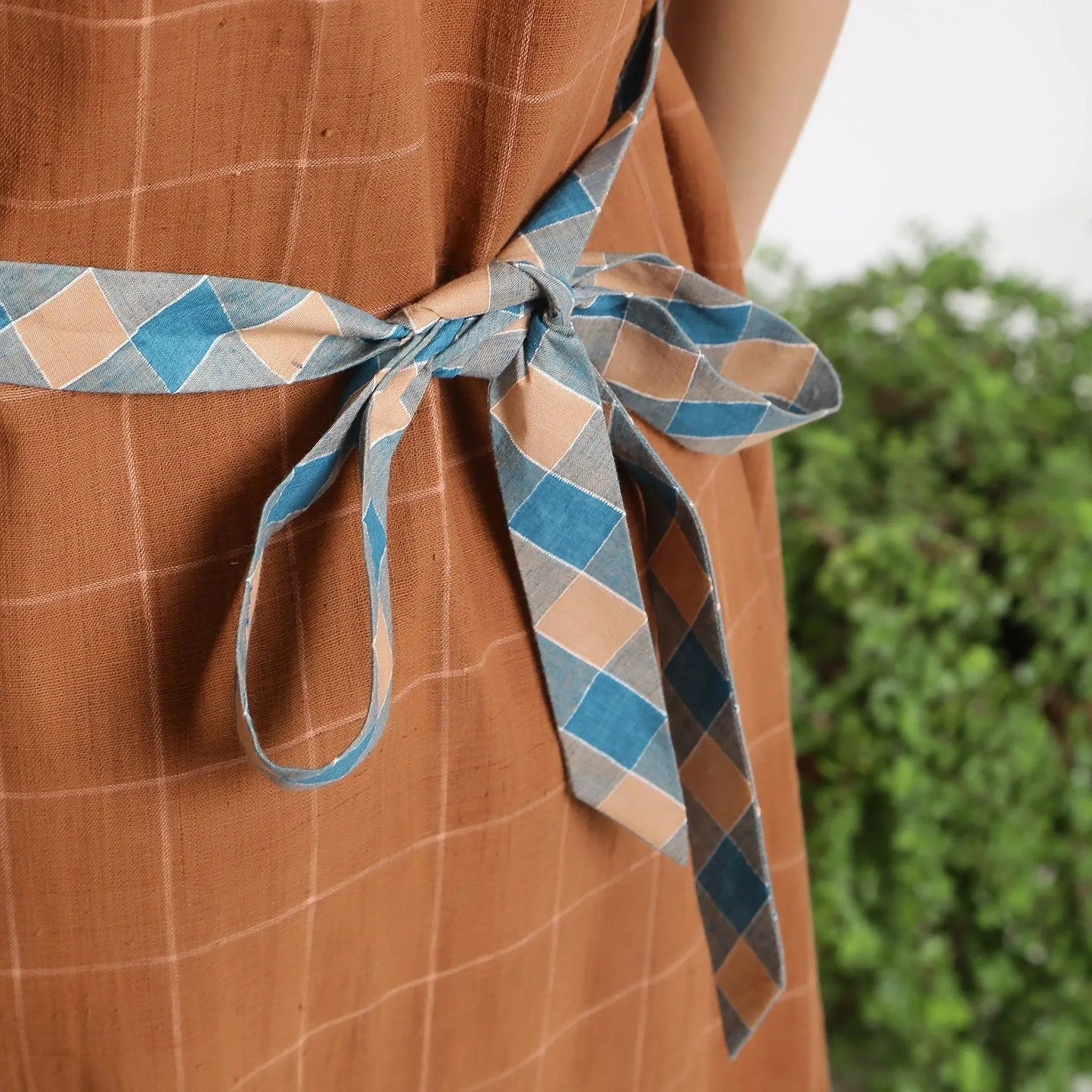 Brown Checks Handspun Cotton Knee Length Shift Dress