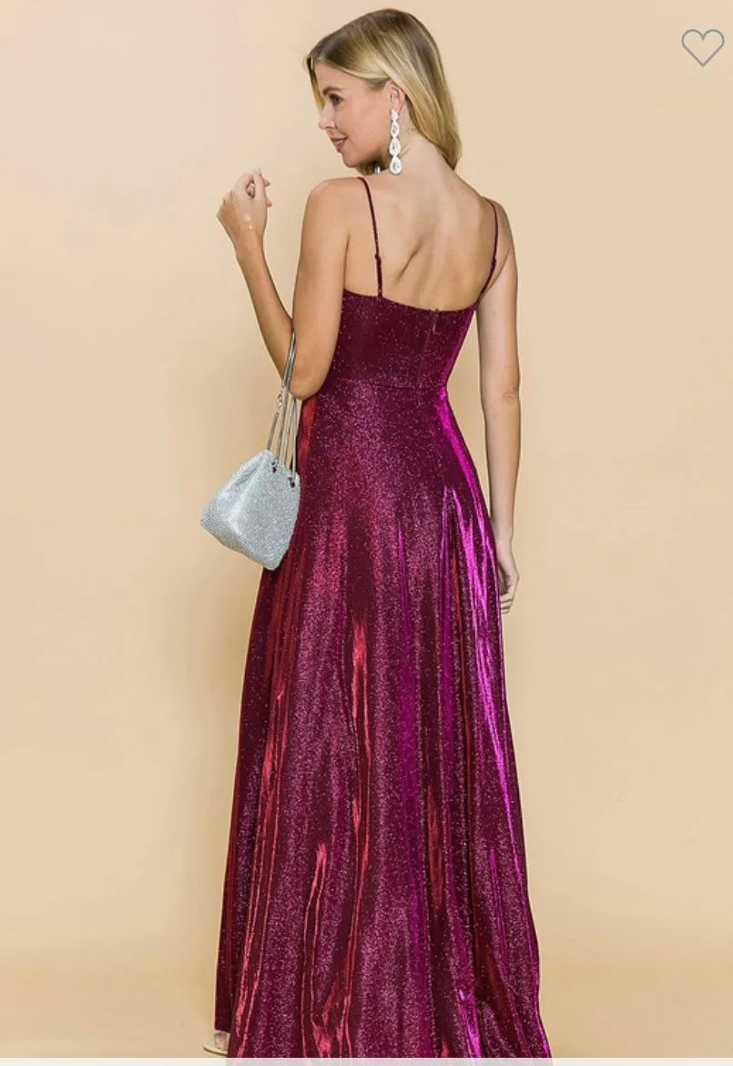 Burgundy Glitter Front Slit Maxi Prom Dress