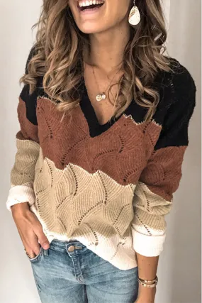 Casual Patchwork Contrast V Neck Tops Sweater