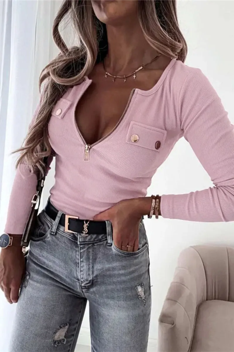 Casual Solid Buttons V Neck Tops