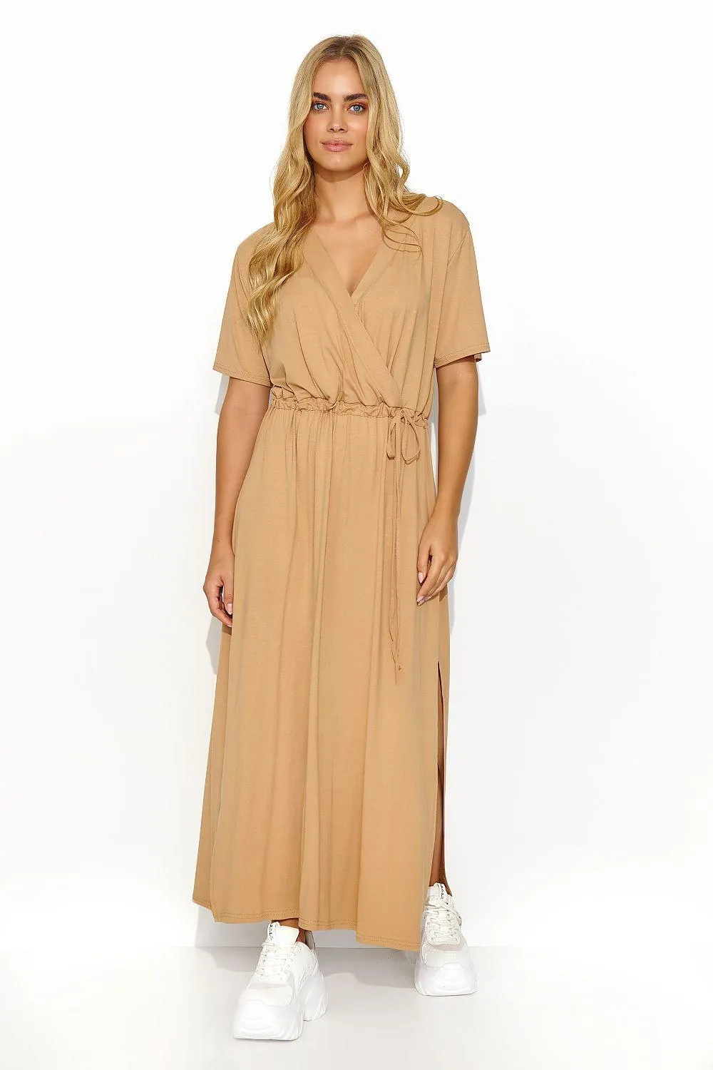 Chic Macadamia Waist-Tie Maxi Dress with Elegant Gold Detail