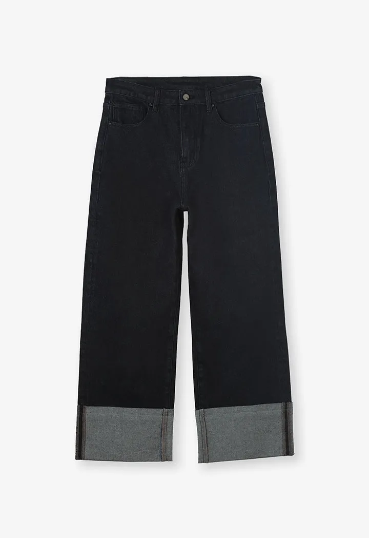 Choice Folded Wide Legs Denim Trouser Black