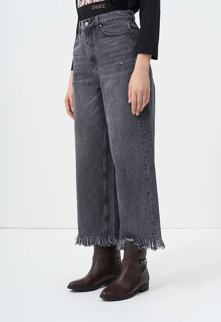 Choice Wide Legs Fringe Denim Trousers Black