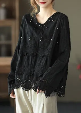 Classy Black fashion V Neck Nail bead Fall Tops Long sleeve