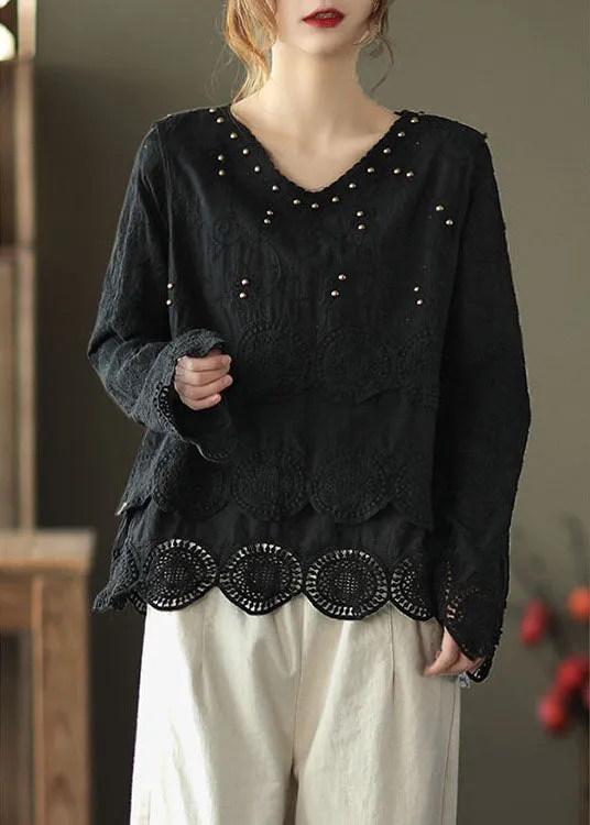 Classy Black fashion V Neck Nail bead Fall Tops Long sleeve