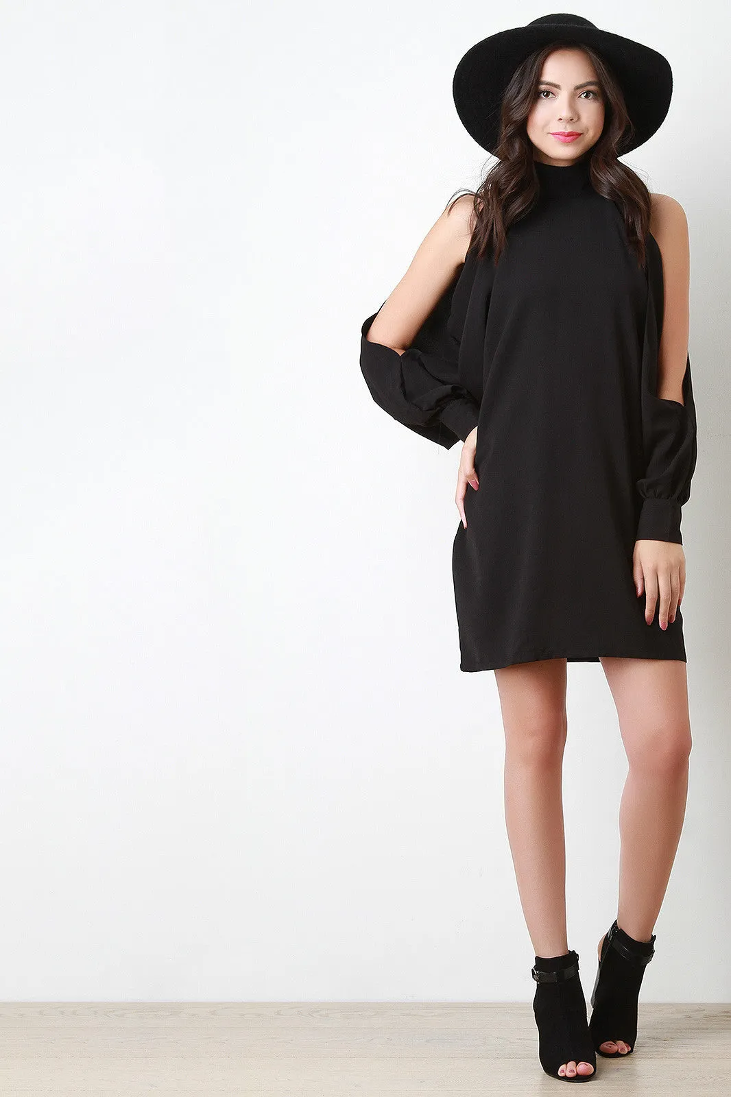 Cold Shoulder Arm Slit Shift Dress