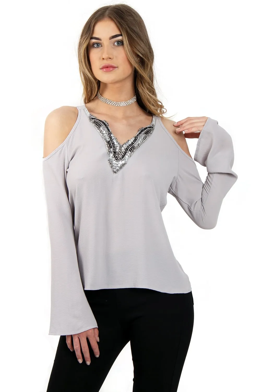 Cold Shoulder Embellished Neckline Bell Sleeve Top