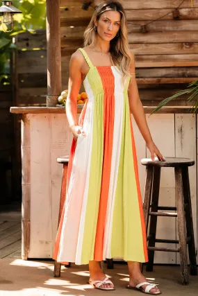 Color Block Shirred High Waist Fit and Flare Maxi Dress